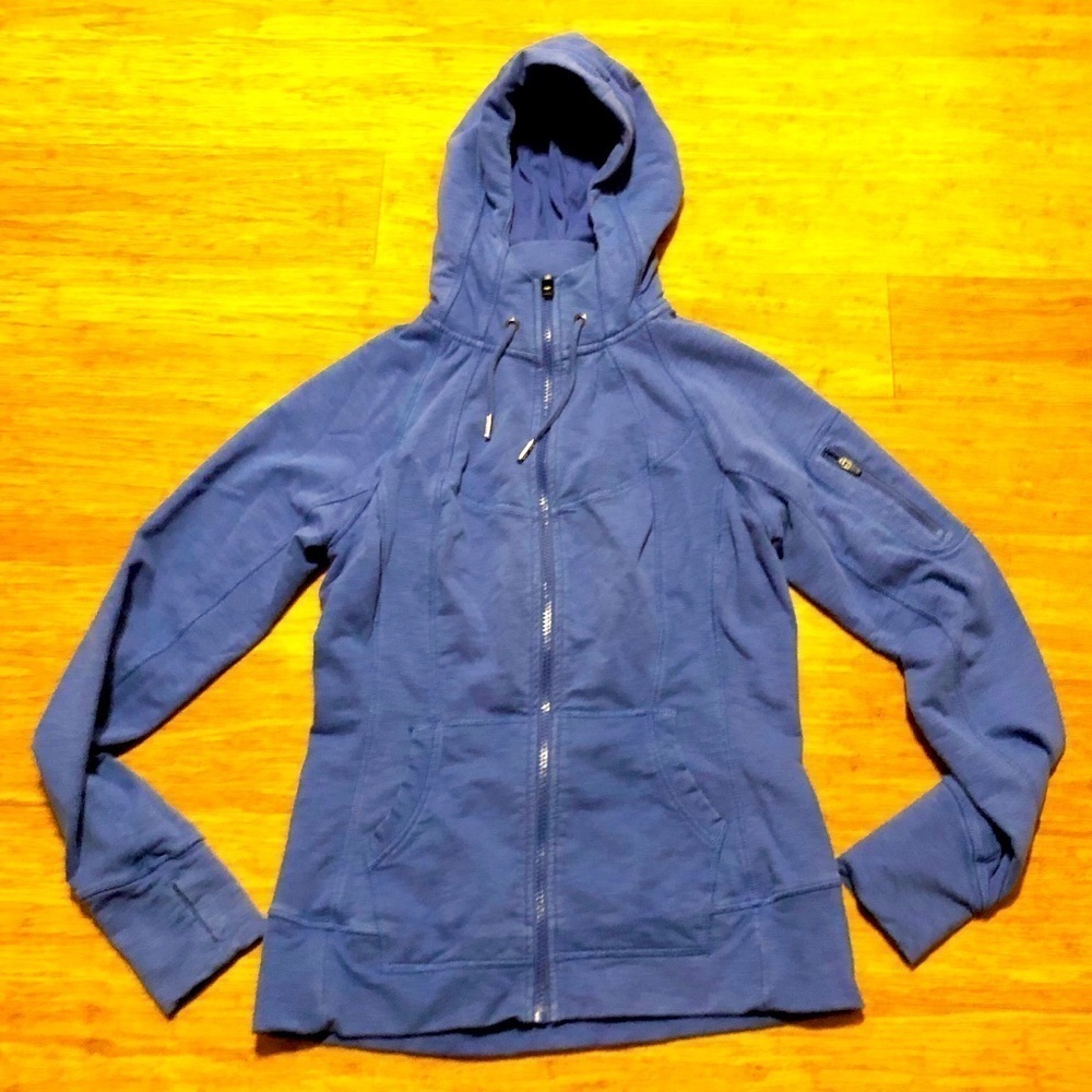 Athleta long full zip blue jacket w/hood. Small.